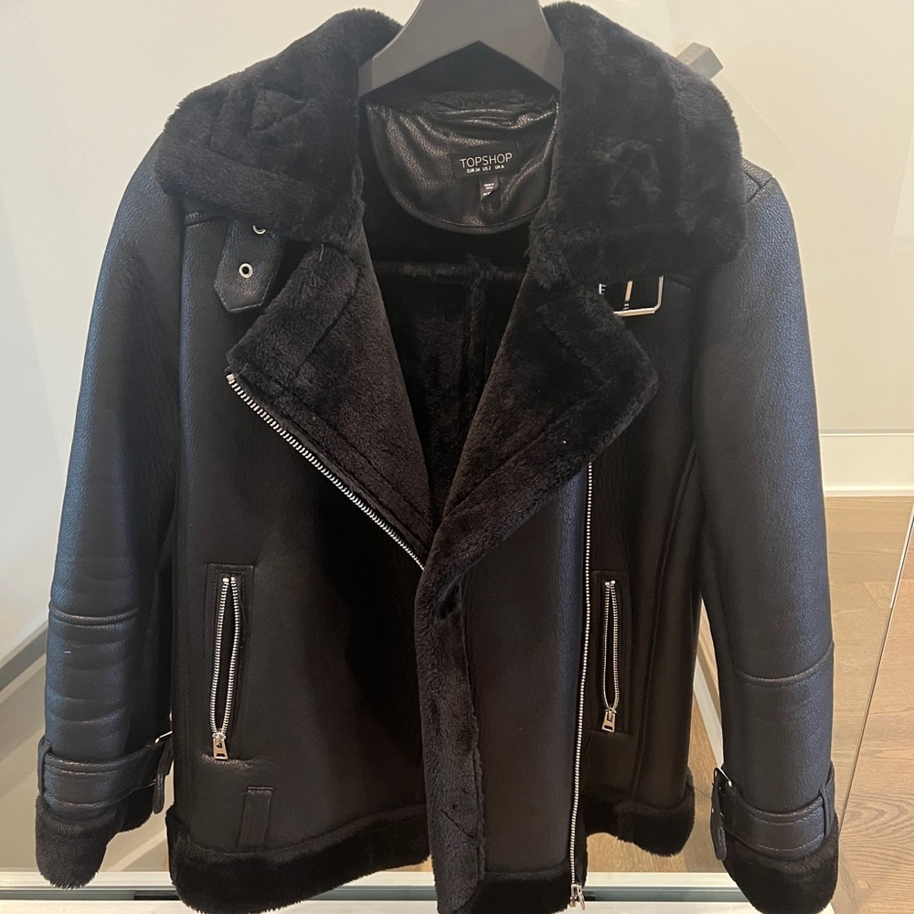 Topshop faux shearling aviator jacket with faux fur lining in black